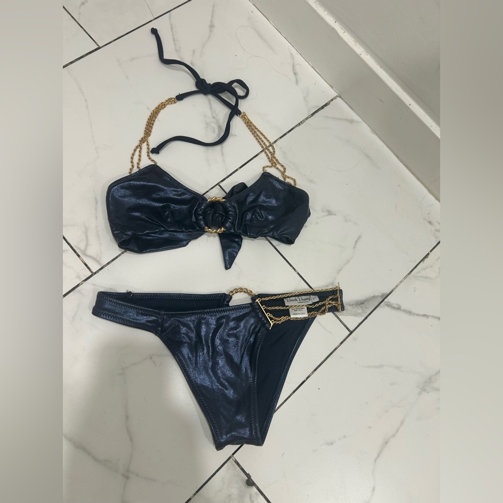 Beach Bunny Metallic Navy Bikini with Gold Chain Accents